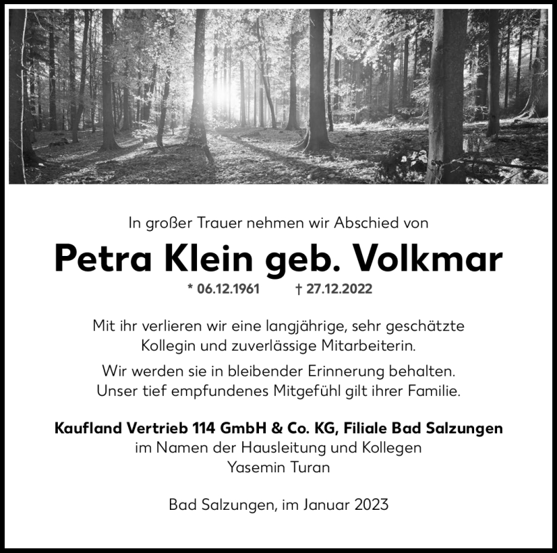  Traueranzeige für Petra Klein vom 21.01.2023 aus Südthüringer Presse