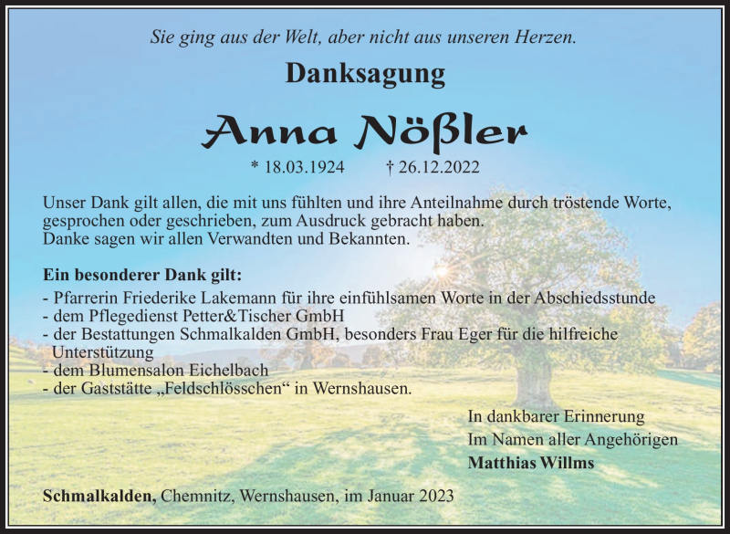  Traueranzeige für Anna Nößler vom 28.01.2023 aus Südthüringer Presse