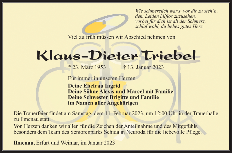  Traueranzeige für Klaus-Dieter Triebel vom 28.01.2023 aus Südthüringer Presse