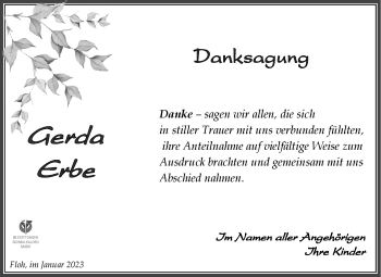 Traueranzeige von Gerda Erbe von Südthüringer Presse