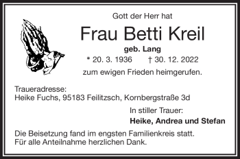 Traueranzeige von Betti Kreil von Frankenpost