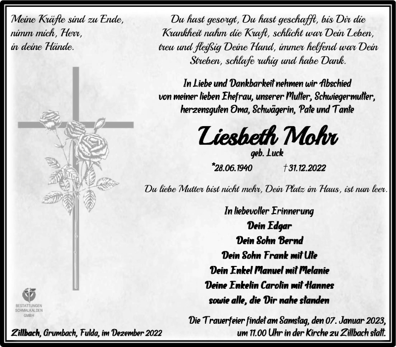  Traueranzeige für Liesbeth Mohr vom 04.01.2023 aus Südthüringer Presse