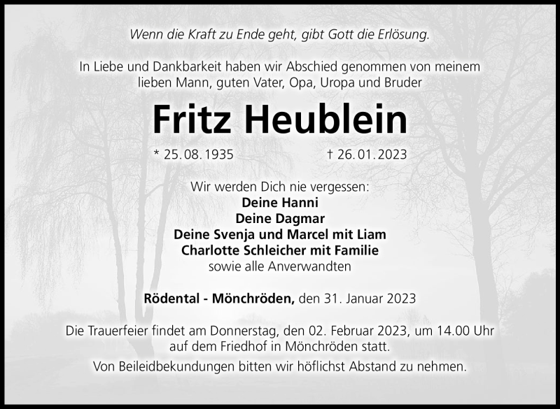 Traueranzeige für Fritz Heublein vom 31.01.2023 aus Neue Presse Coburg