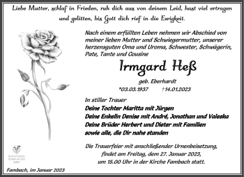 Traueranzeige von Irmgard Heß von Südthüringer Presse