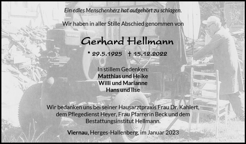  Traueranzeige für Gerhard Hellmann vom 14.01.2023 aus Südthüringer Presse