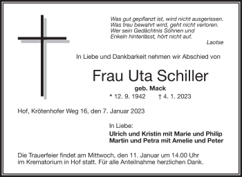 Traueranzeige von Utta Schiller von Frankenpost