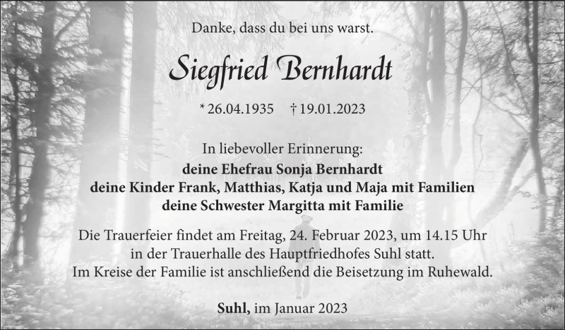  Traueranzeige für Siegfried Bernhardt vom 28.01.2023 aus Südthüringer Presse