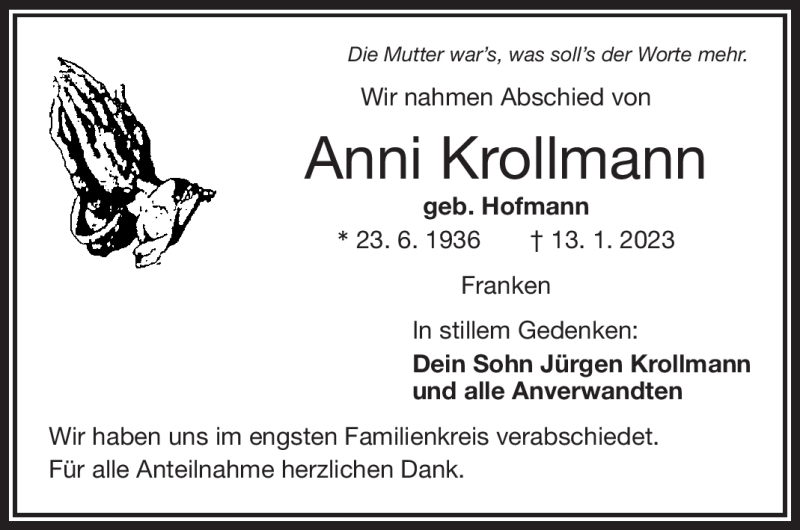  Traueranzeige für Anni Krollmann vom 21.01.2023 aus Frankenpost