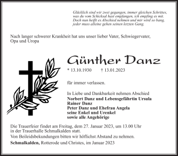 Traueranzeige von Günther Danz von Südthüringer Presse