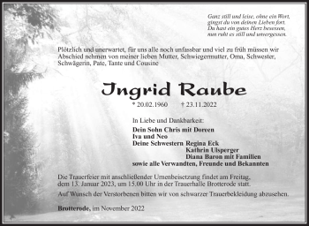Traueranzeige von Ingrid Raube von Südthüringer Presse