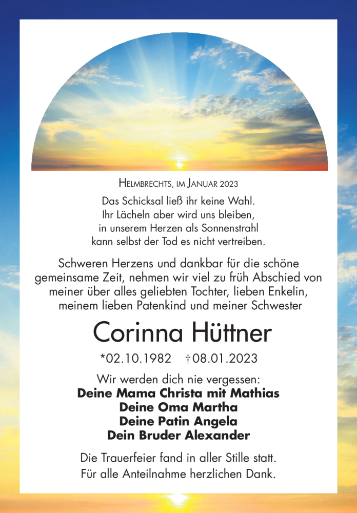  Traueranzeige für Corinna Hüttner vom 25.01.2023 aus Frankenpost