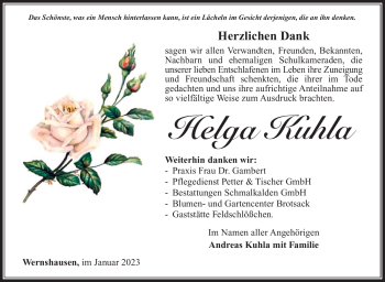 Traueranzeige von Helga Kuhla von Südthüringer Presse