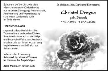 Traueranzeige von Christel Dreyse von Südthüringer Presse