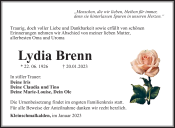 Traueranzeige von Lydia Brenn von Südthüringer Presse