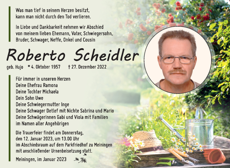  Traueranzeige für Roberto Scheidler vom 07.01.2023 aus Südthüringer Presse