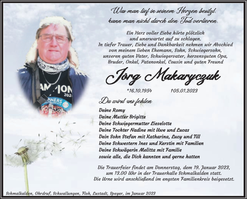  Traueranzeige für Jörg Makaryczuk vom 14.01.2023 aus Südthüringer Presse