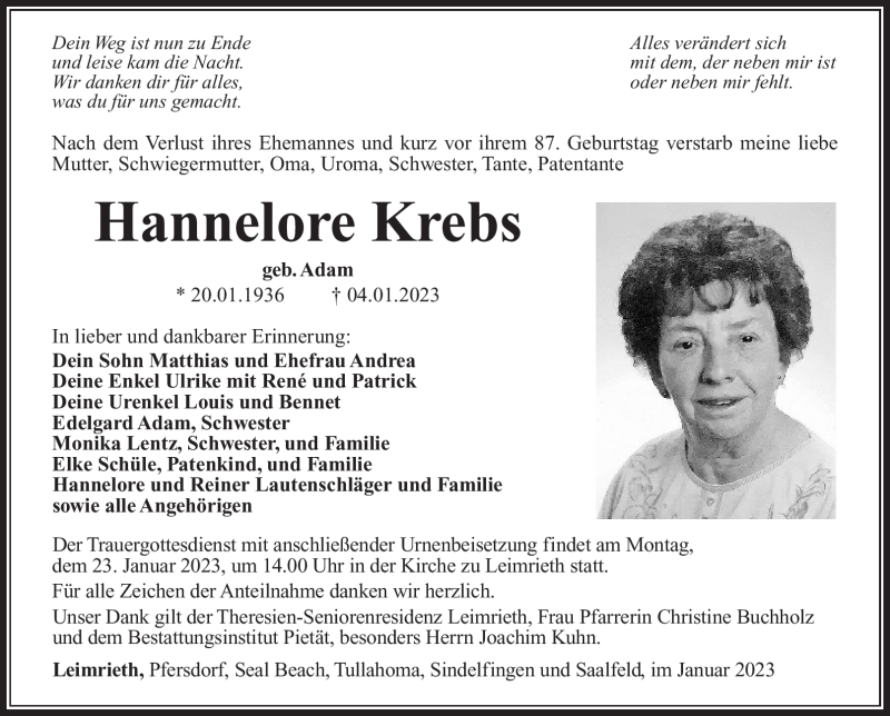  Traueranzeige für Hannelore Krebs vom 14.01.2023 aus Südthüringer Presse