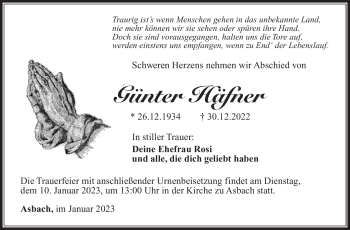 Traueranzeige von Günter Häfner von Südthüringer Presse