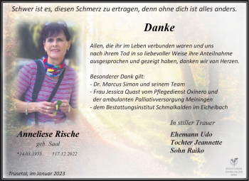 Traueranzeige von Anneliese Rische von Südthüringer Presse