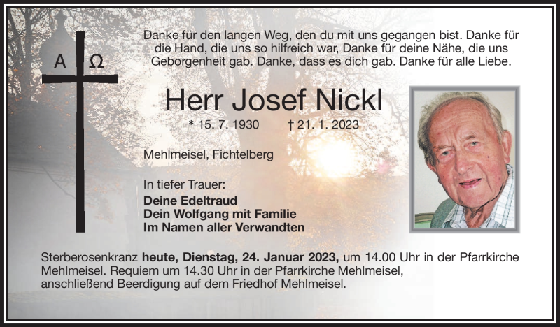  Traueranzeige für Josef Nickl vom 24.01.2023 aus Frankenpost