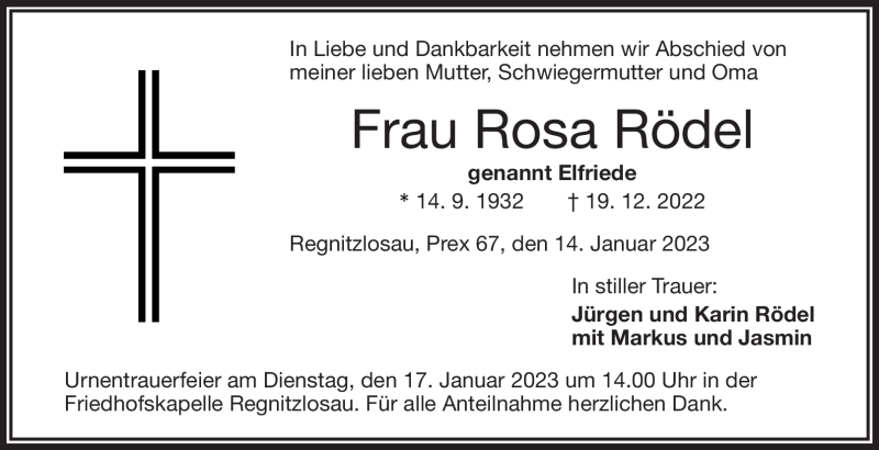  Traueranzeige für Rosa Rödel vom 14.01.2023 aus Frankenpost