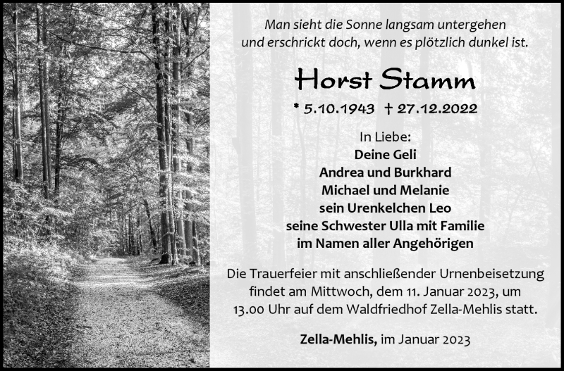  Traueranzeige für Horst Stamm vom 07.01.2023 aus Südthüringer Presse