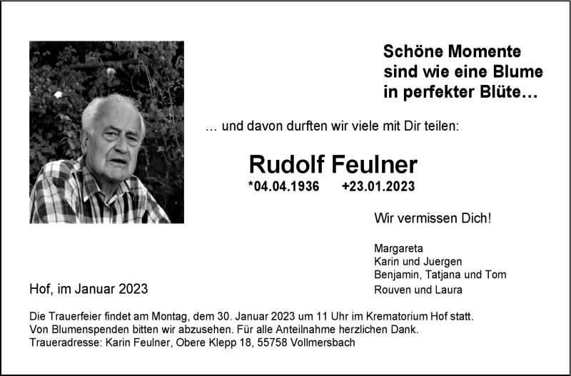  Traueranzeige für Rudolf Feulner vom 26.01.2023 aus Frankenpost