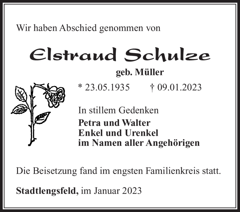  Traueranzeige für Elstraud Schulze vom 25.01.2023 aus Südthüringer Presse