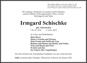 Traueranzeige von Irmgard Schischke von Südthüringer Presse
