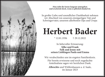 Traueranzeige von Herbert Bader von Südthüringer Presse
