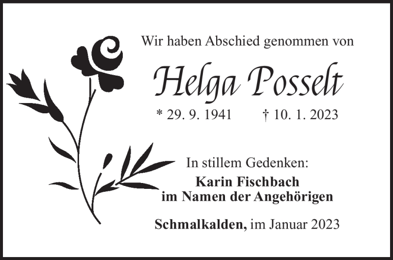  Traueranzeige für Helga Posselt vom 14.01.2023 aus Südthüringer Presse