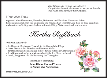 Traueranzeige von Hertha Raßbach von Südthüringer Presse