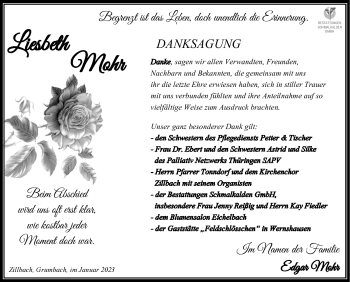 Traueranzeige von Liesbeth Mohr von Südthüringer Presse