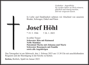 Traueranzeige von Josef Höhl von Südthüringer Presse