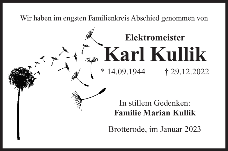  Traueranzeige für Karl Kullik vom 06.01.2023 aus Südthüringer Presse