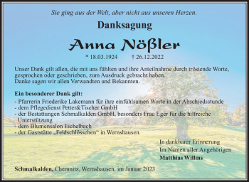 Traueranzeige von Anna Nößler von Südthüringer Presse