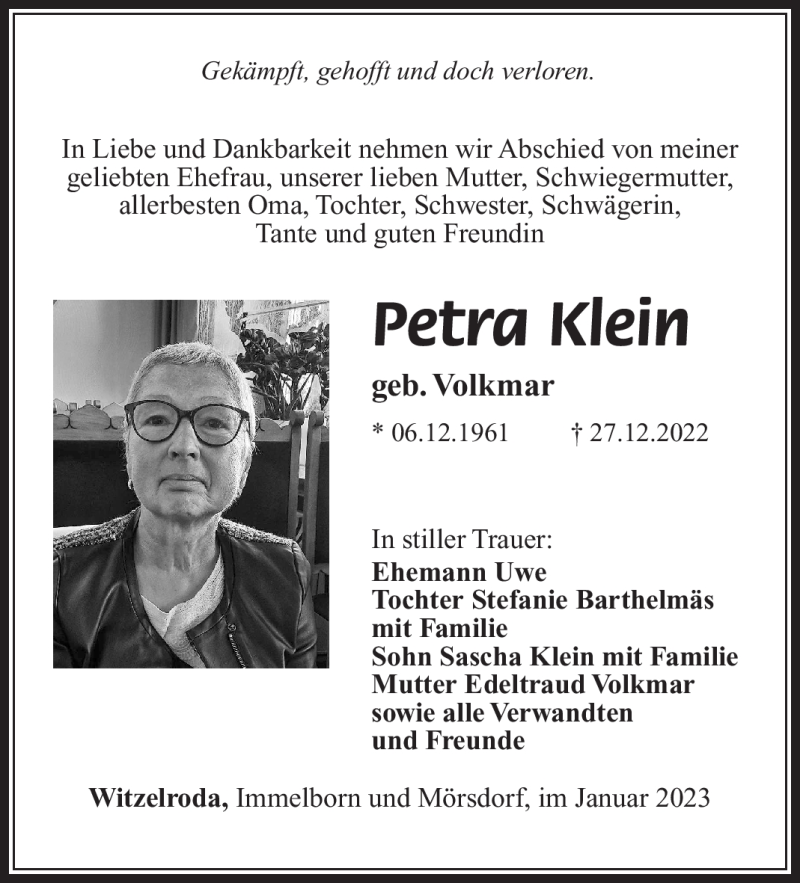  Traueranzeige für Petra Klein vom 07.01.2023 aus Südthüringer Presse