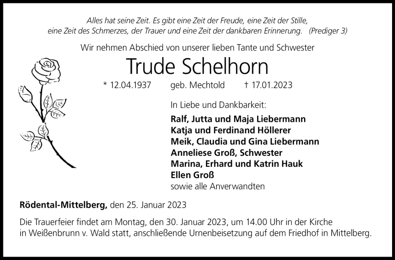  Traueranzeige für Trude Schelhorn vom 25.01.2023 aus Neue Presse Coburg