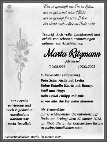 Traueranzeige von Marta Rizmann von Südthüringer Presse