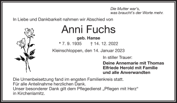 Traueranzeige von Anni Fuchs von Frankenpost