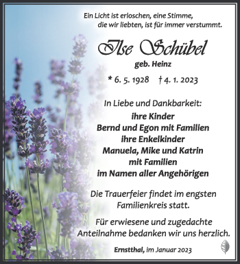 Traueranzeige von Ilse Schübel von Südthüringer Presse
