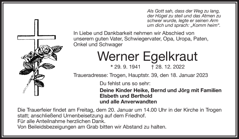 Traueranzeige für Werner Egelkraut vom 18.01.2023 aus Frankenpost