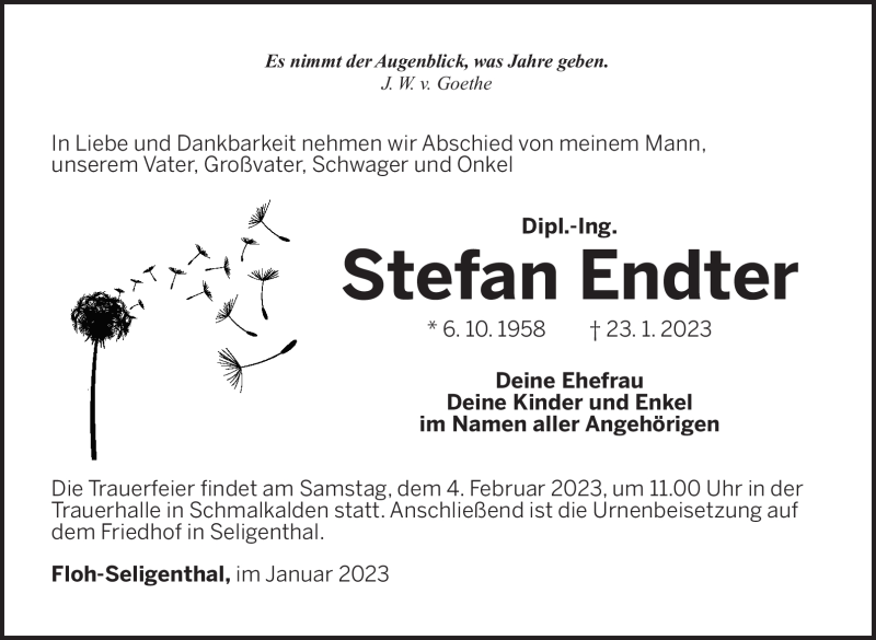  Traueranzeige für Stefan Endter vom 28.01.2023 aus Südthüringer Presse