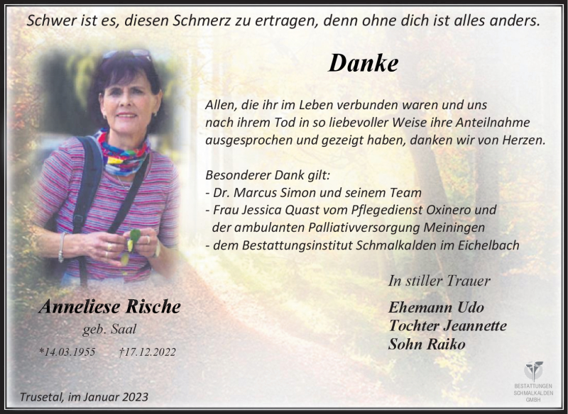  Traueranzeige für Anneliese Rische vom 21.01.2023 aus Südthüringer Presse