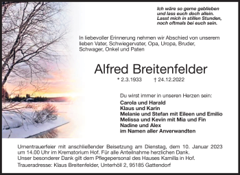 Traueranzeige von Alfred Breitenfelder von Frankenpost