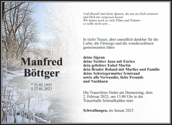 Traueranzeige von Manfred Böttger von Südthüringer Presse