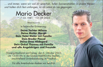 Traueranzeige von Mario Decker von Frankenpost