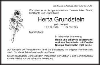 Traueranzeige von Herta Grundstein von Frankenpost