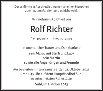 Traueranzeige von Rolf Richter von Südthüringer Presse