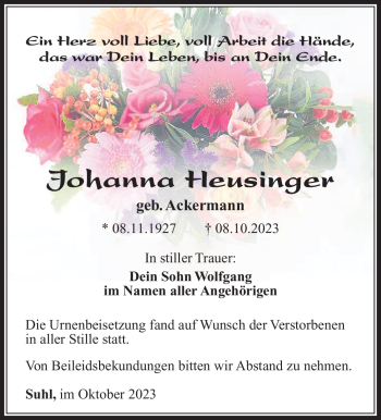 Traueranzeige von Johanna Heusinger von Südthüringer Presse